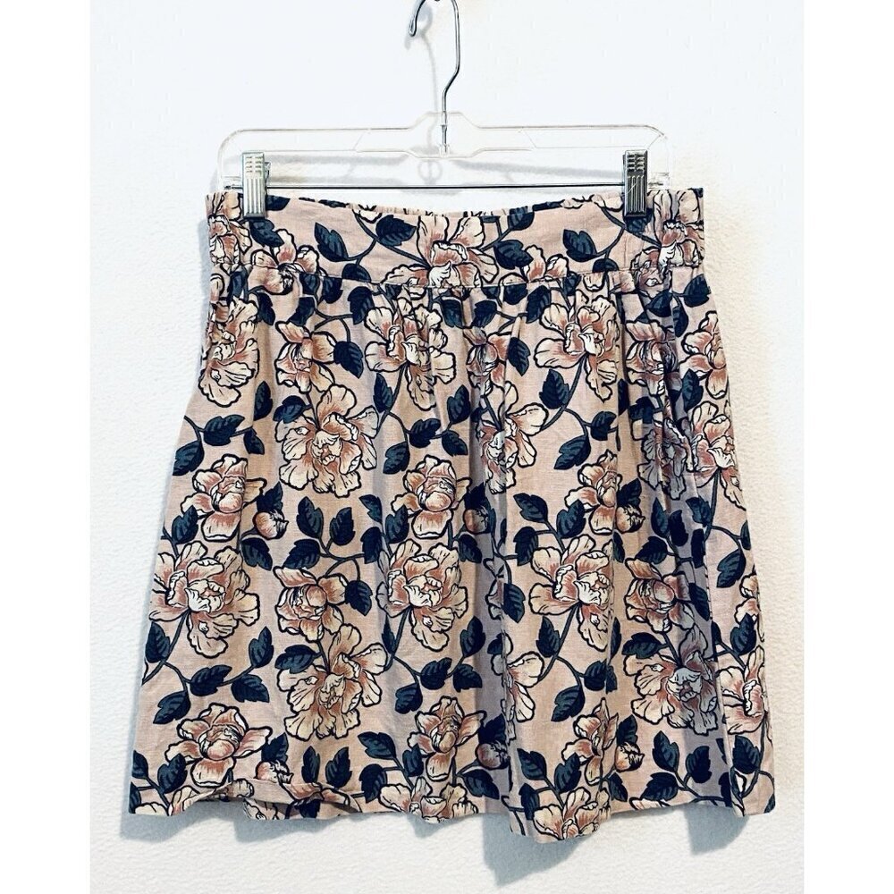 LOFT Skirt Womens Medium Pink Blue Floral Linen Blend Full Mini Romantic Flirty